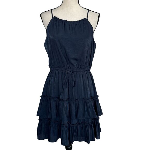 Bar III Large Mini Halter Dress Spaghetti Straps Ruffled Lined Keyhole Navy Blue - Picture 1 of 11